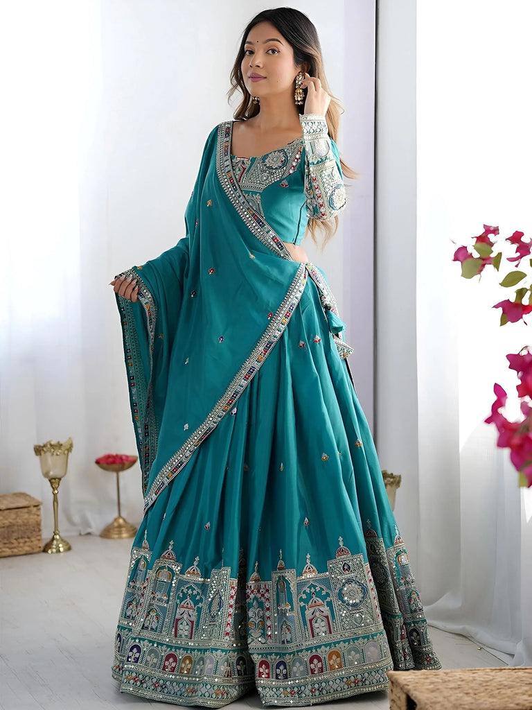 Incredible Teal Green Dori Work Crepe Silk Festive Wear Lehenga Choli