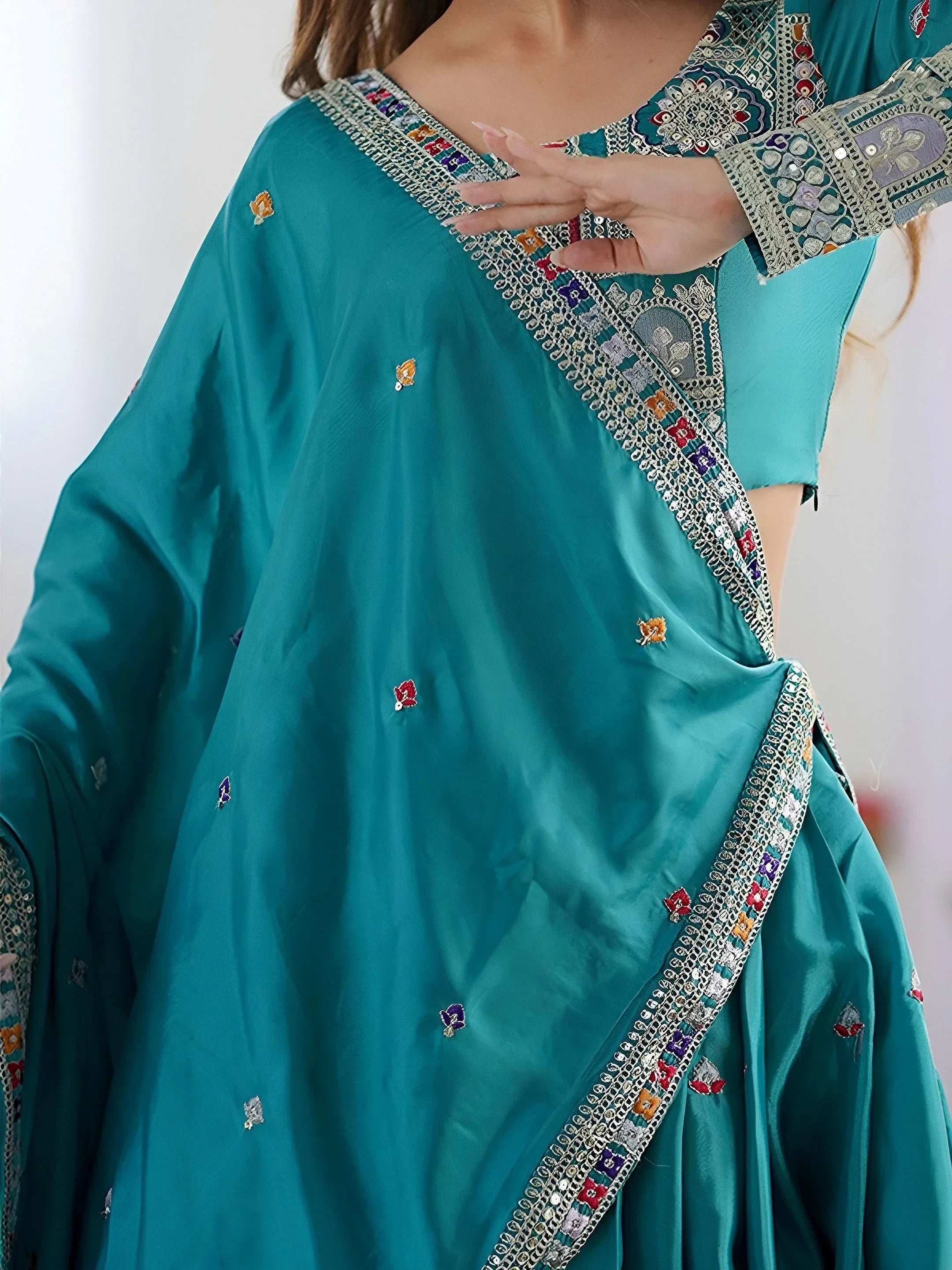 Incredible Teal Green Dori Work Crepe Silk Festive Wear Lehenga Choli