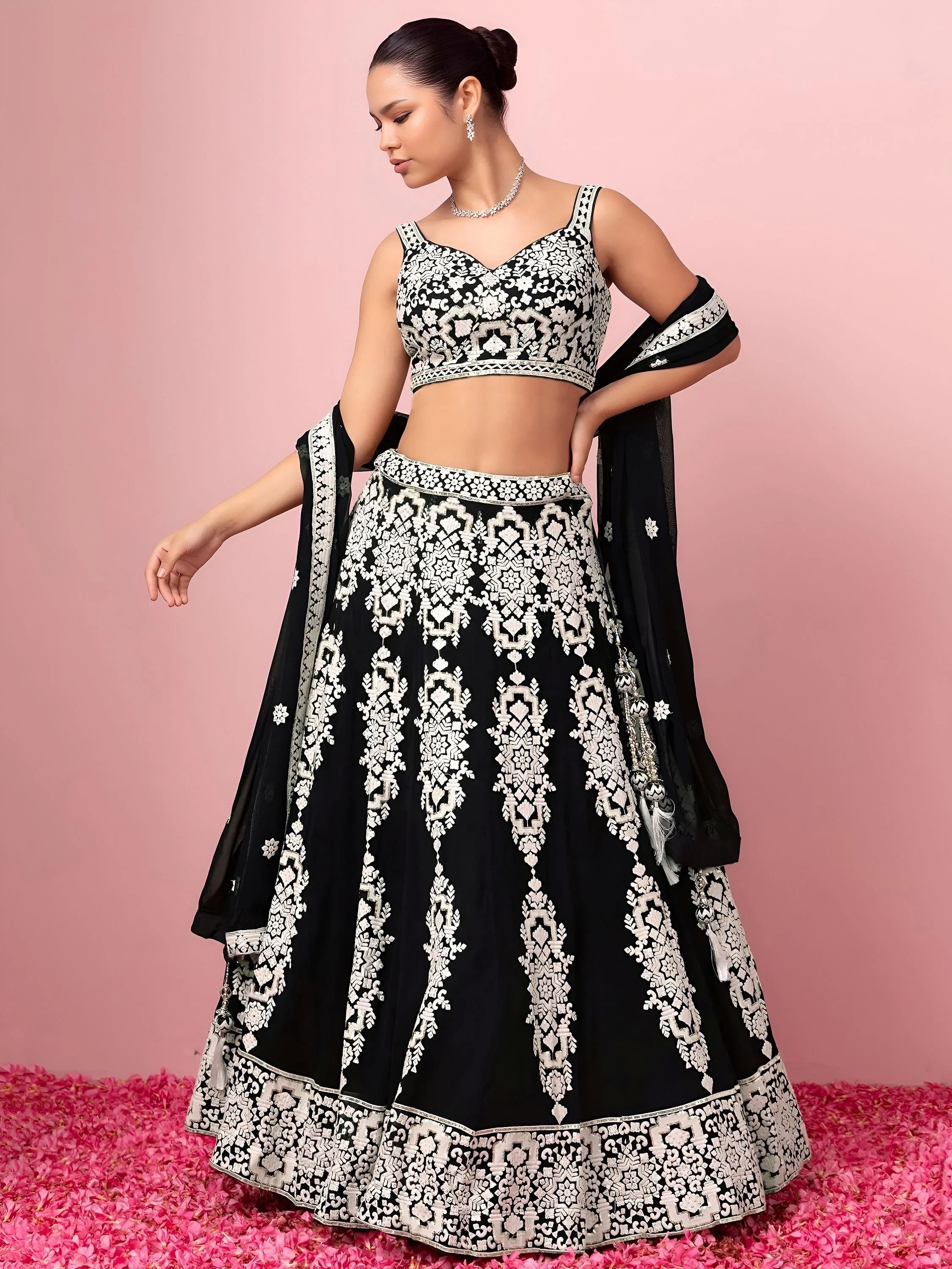Captivating Black Thread Work Georgette Reception Wear Lehenga Choli
