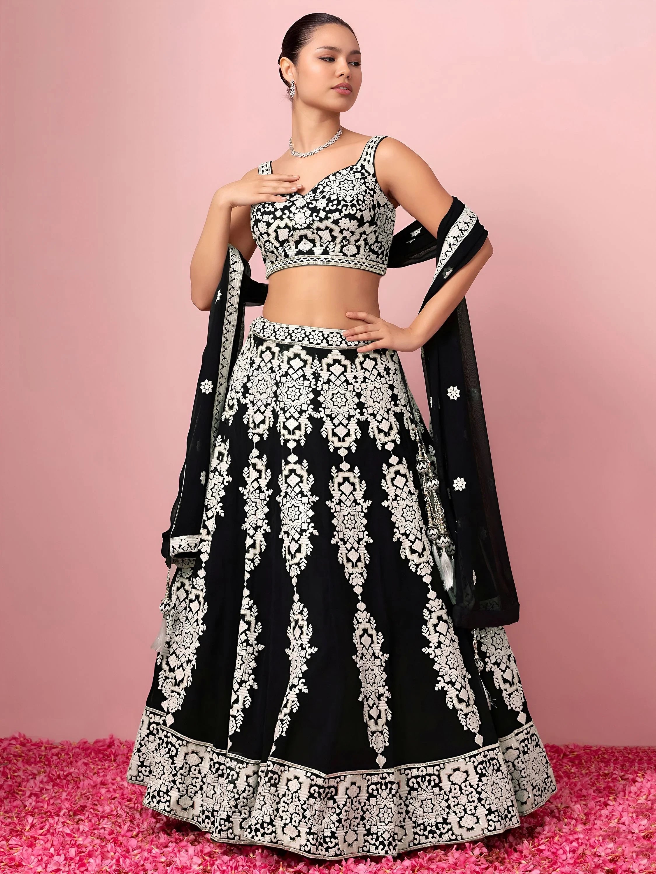 Captivating Black Thread Work Georgette Reception Wear Lehenga Choli