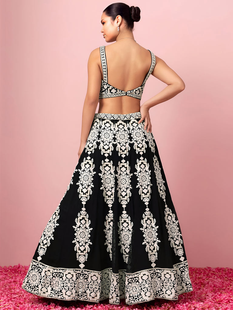Captivating Black Thread Work Georgette Reception Wear Lehenga Choli