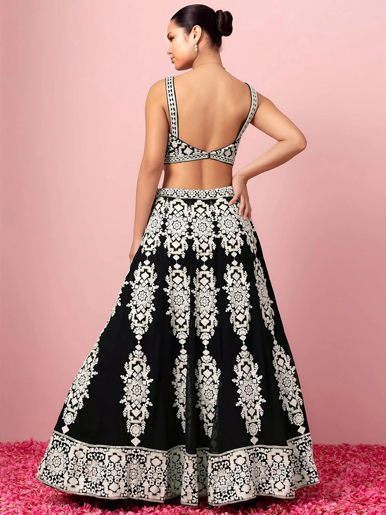 Captivating Black Thread Work Georgette Reception Wear Lehenga Choli