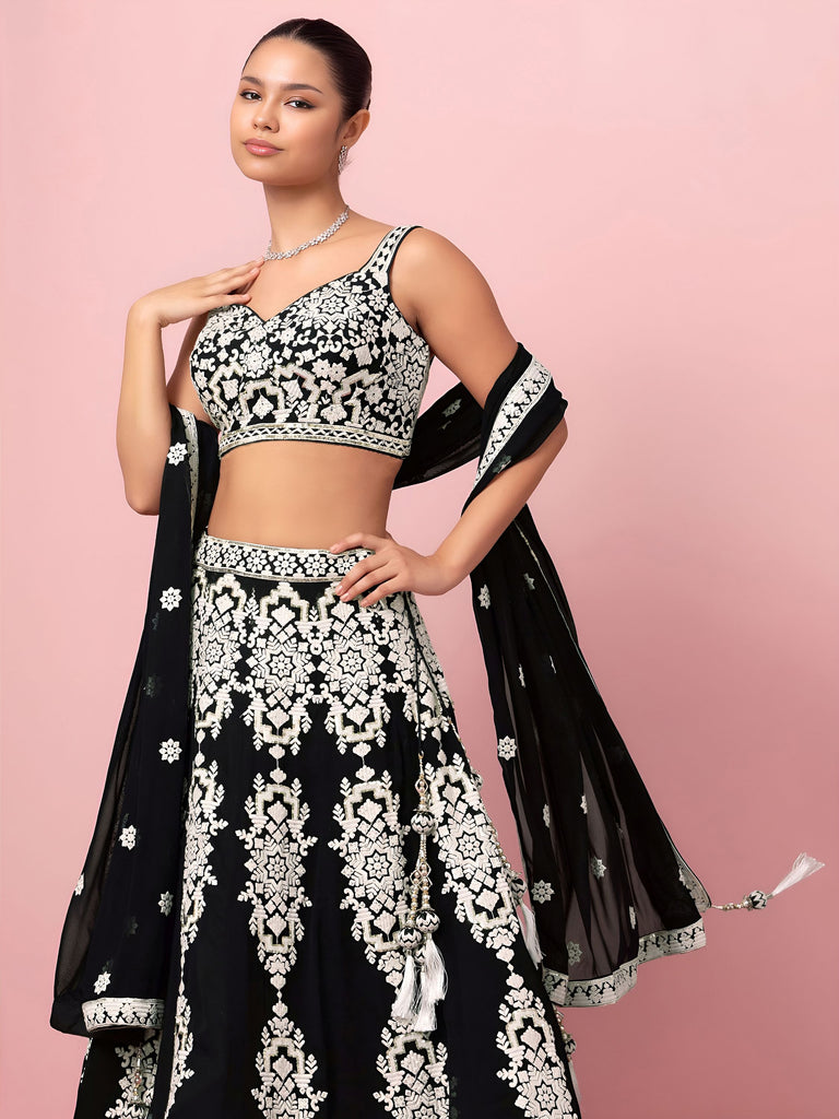 Captivating Black Thread Work Georgette Reception Wear Lehenga Choli