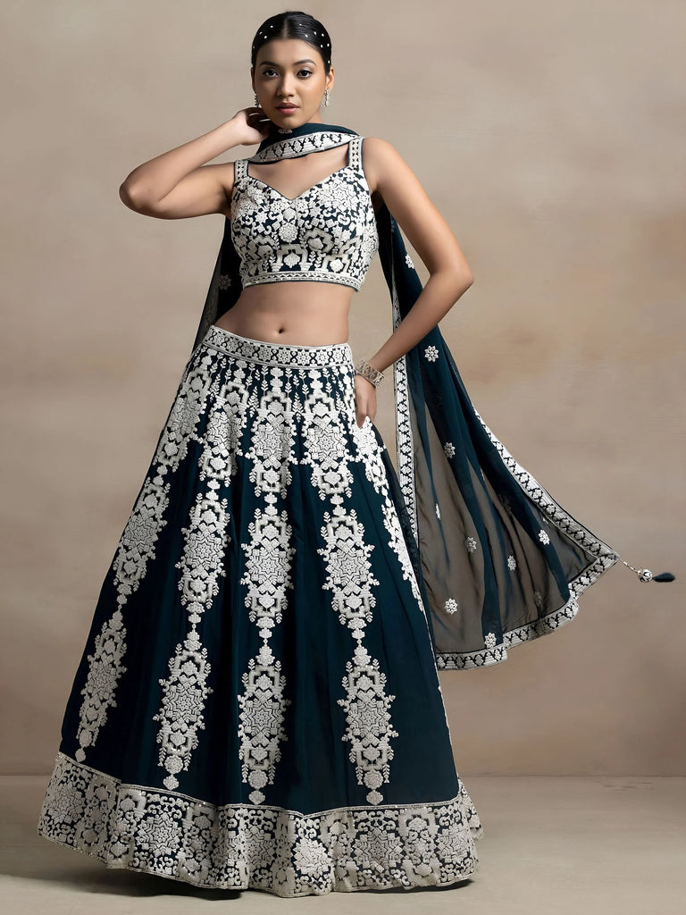 Glamorous Dark Green Thread Embroidered Georgette Lehenga Choli