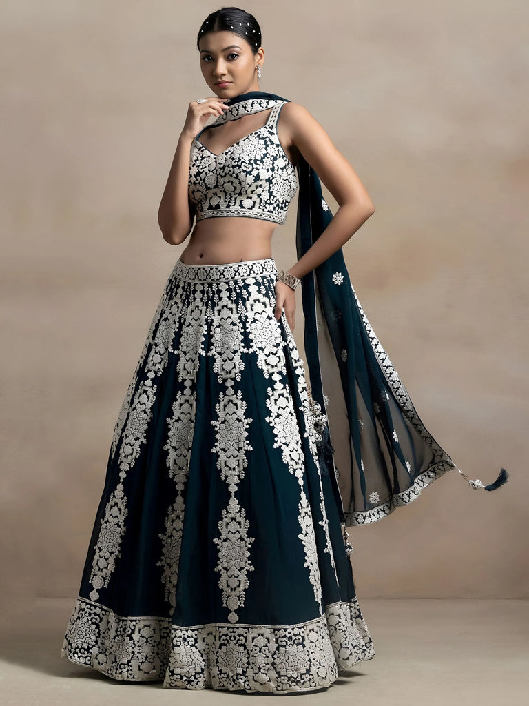 Glamorous Dark Green Thread Embroidered Georgette Lehenga Choli
