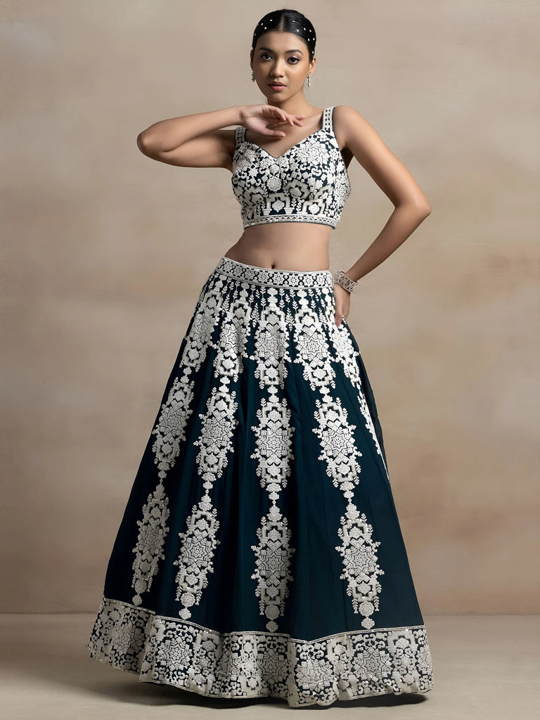 Glamorous Dark Green Thread Embroidered Georgette Lehenga Choli