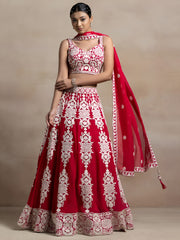 Attractive Red Thread Work Georgette Sangeet Wear Lehenga Choli