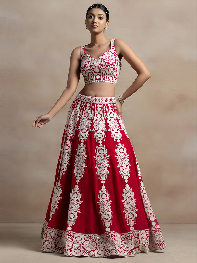Attractive Red Thread Work Georgette Sangeet Wear Lehenga Choli