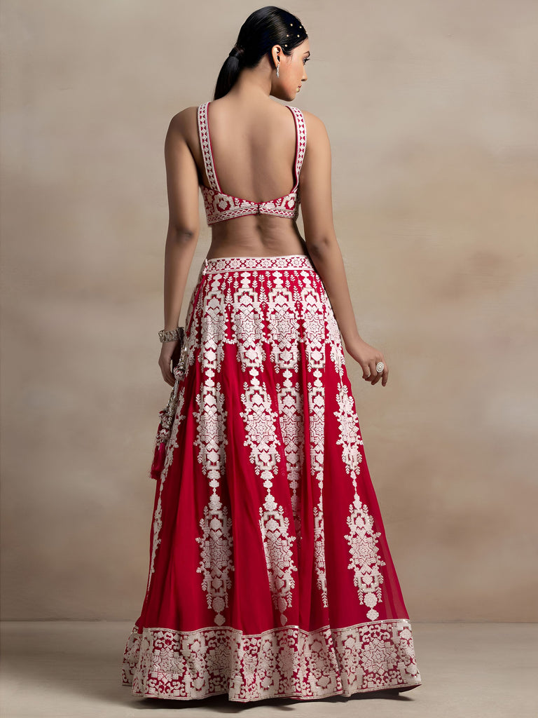 Attractive Red Thread Work Georgette Sangeet Wear Lehenga Choli