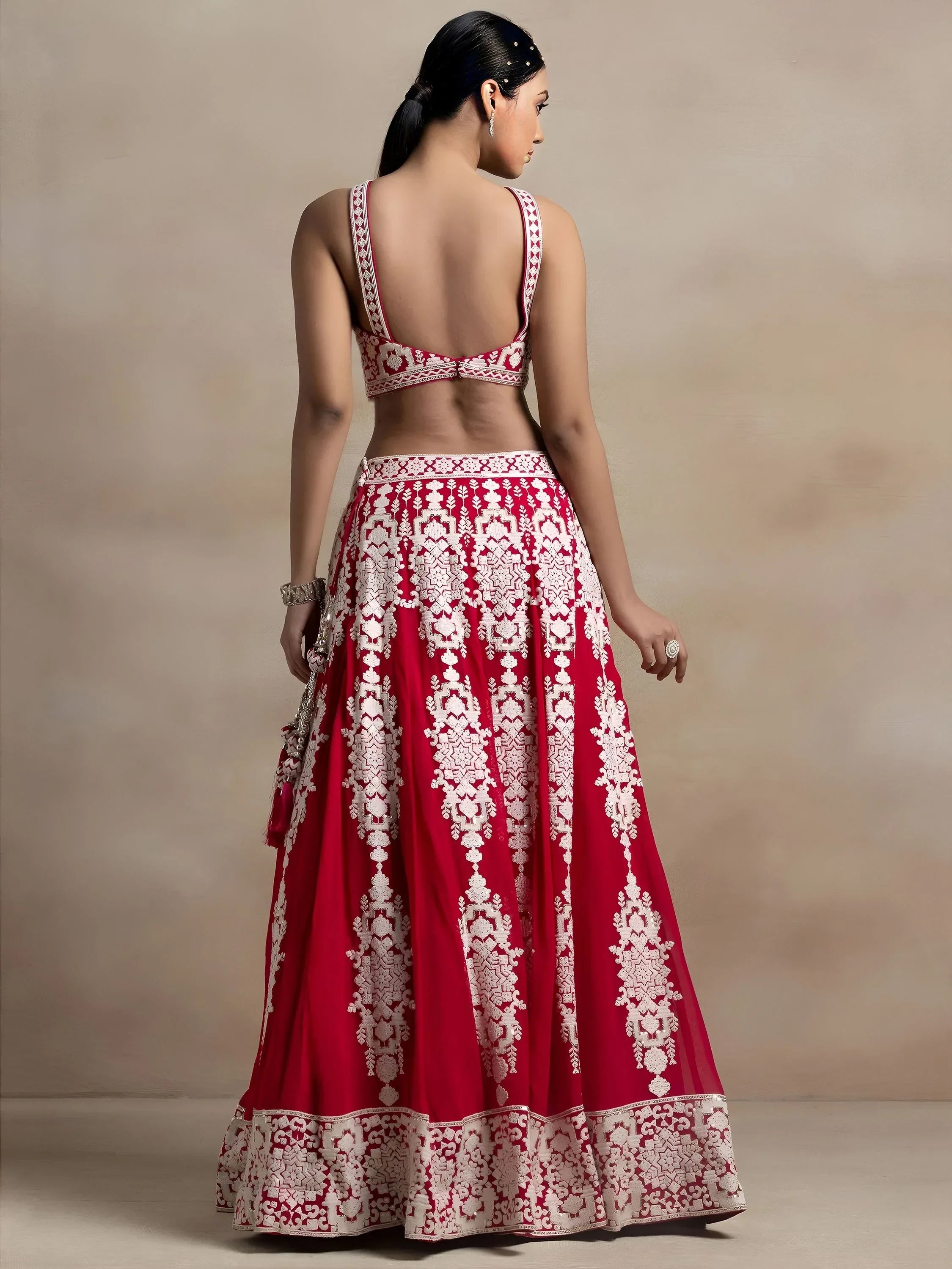 Attractive Red Thread Work Georgette Sangeet Wear Lehenga Choli