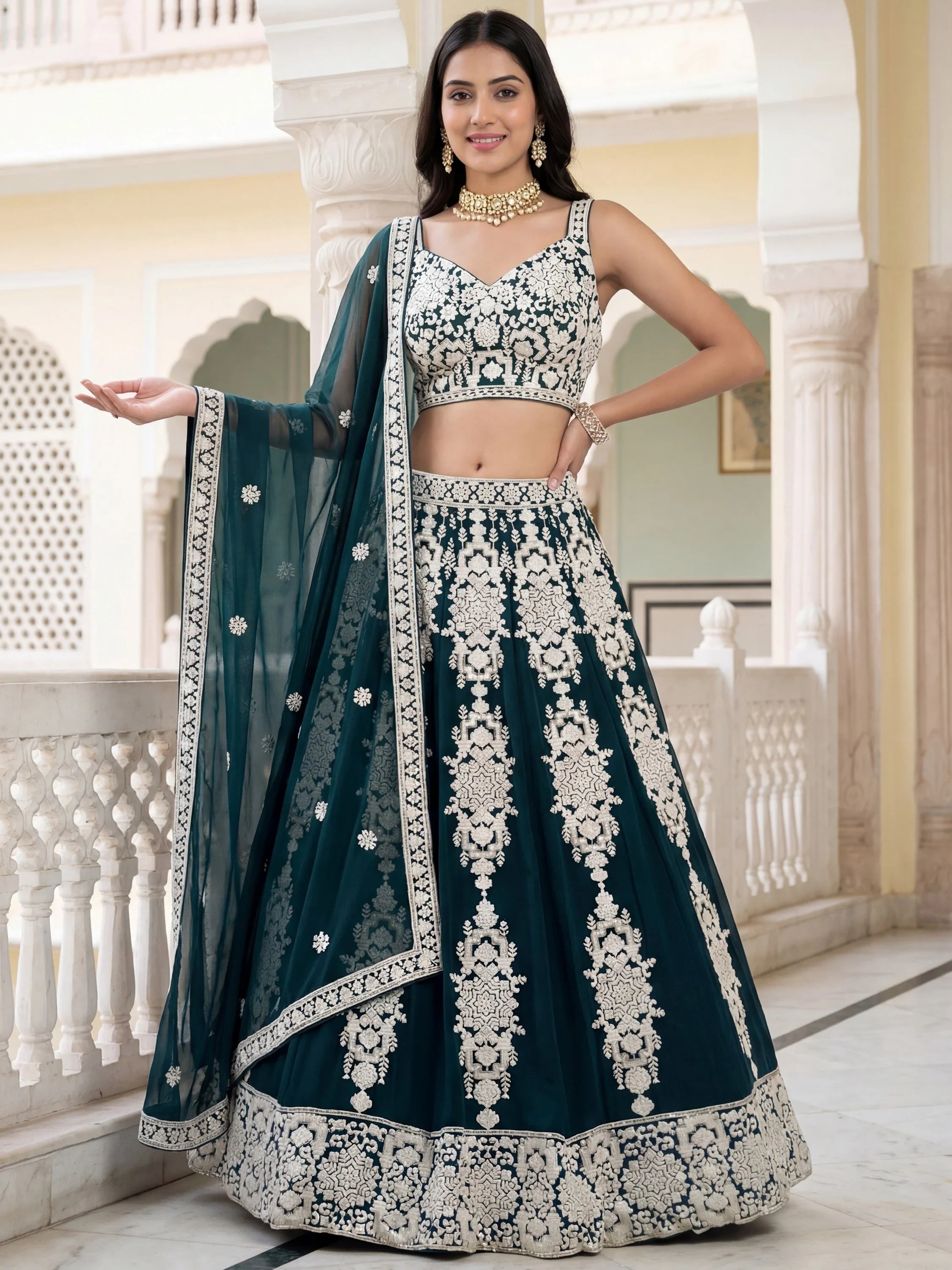 Great Green Thread Embroidered Georgette Wedding Wear Lehenga Choli