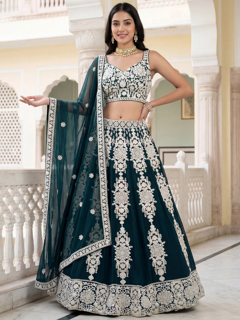 Great Green Thread Embroidered Georgette Wedding Wear Lehenga Choli