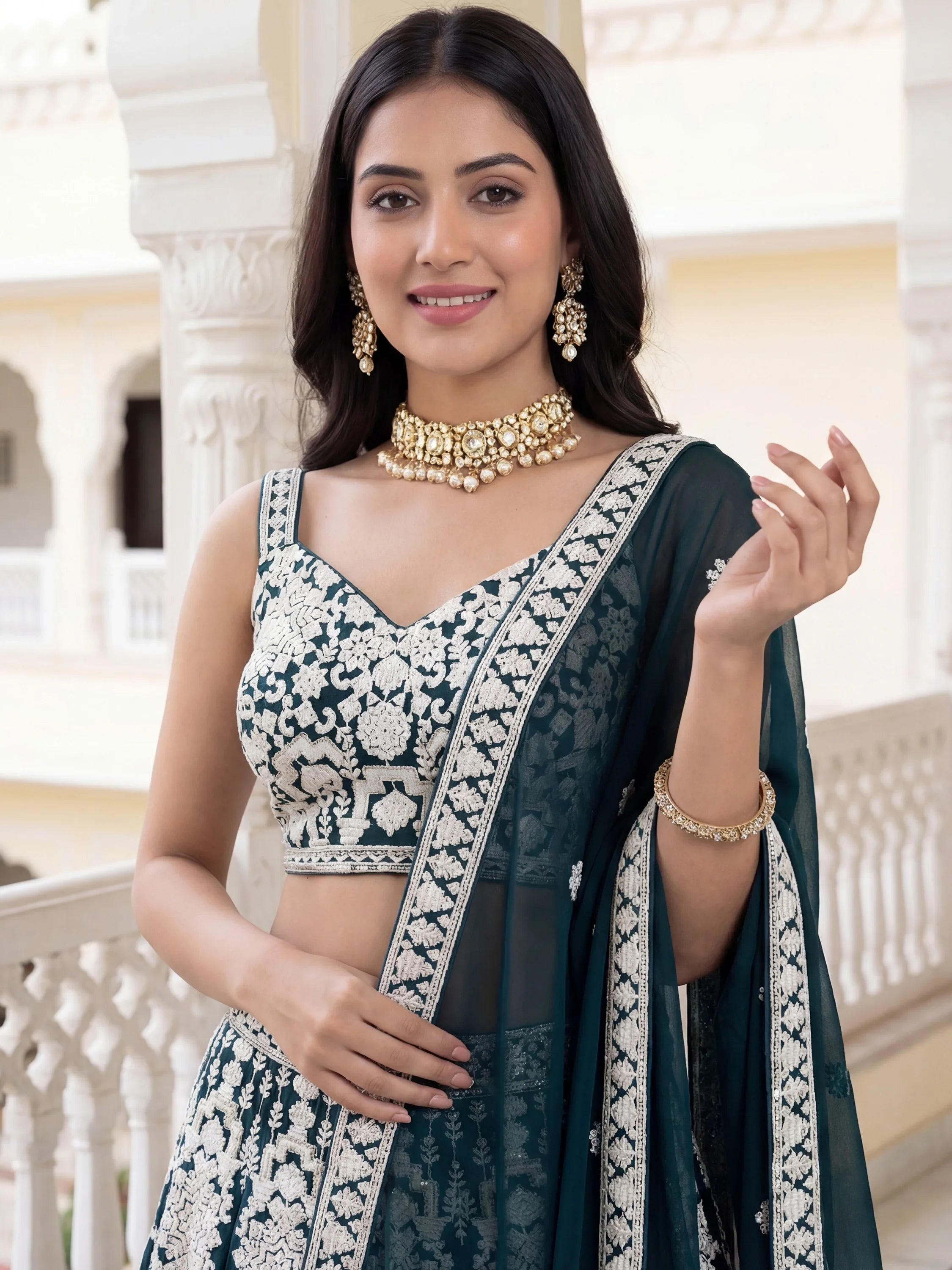 Great Green Thread Embroidered Georgette Wedding Wear Lehenga Choli