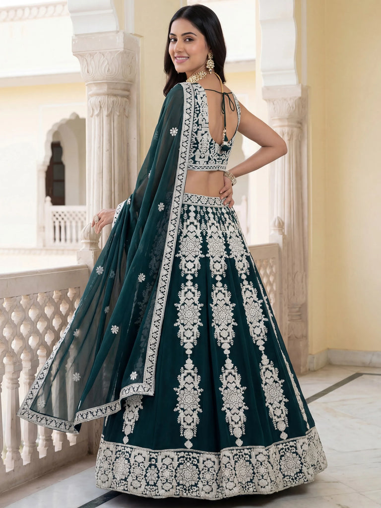 Great Green Thread Embroidered Georgette Wedding Wear Lehenga Choli