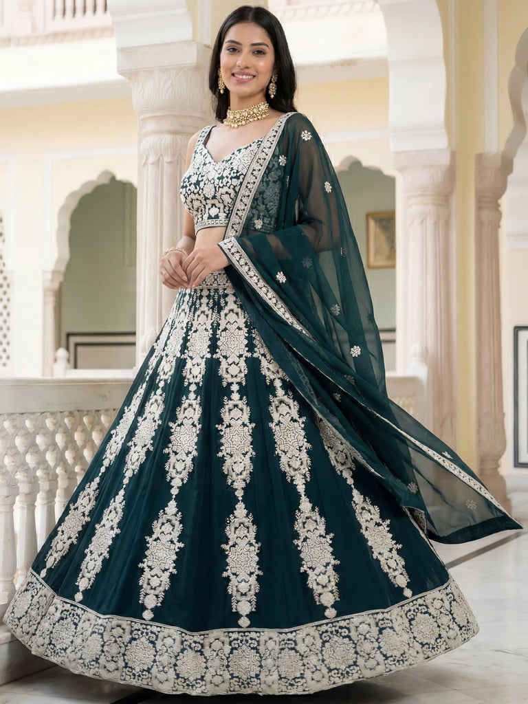 Great Green Thread Embroidered Georgette Wedding Wear Lehenga Choli