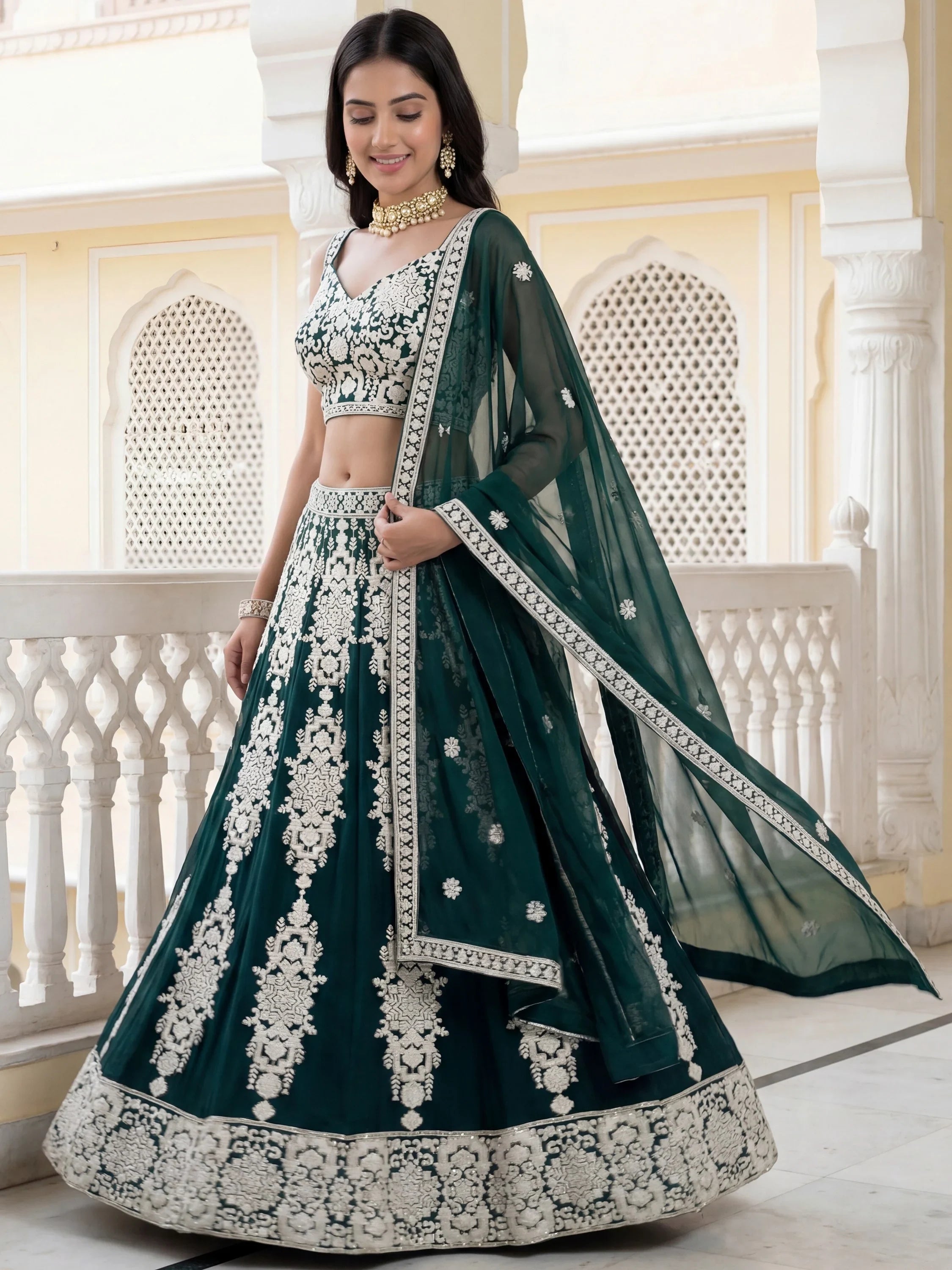 Great Green Thread Embroidered Georgette Wedding Wear Lehenga Choli