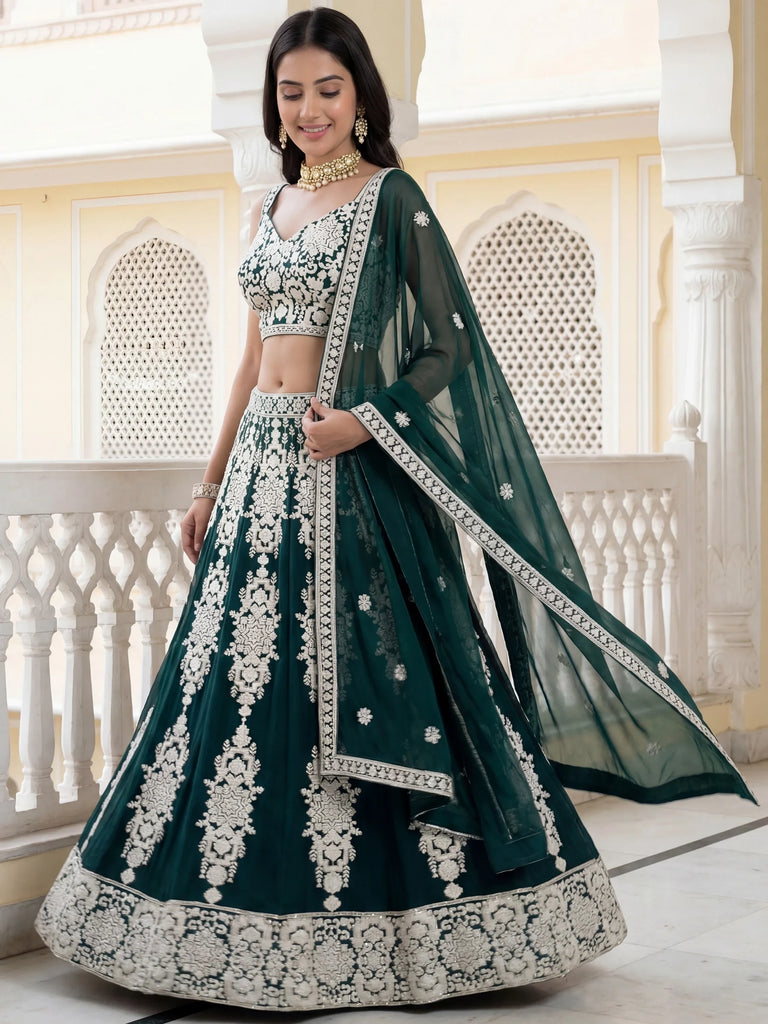 Great Green Thread Embroidered Georgette Wedding Wear Lehenga Choli