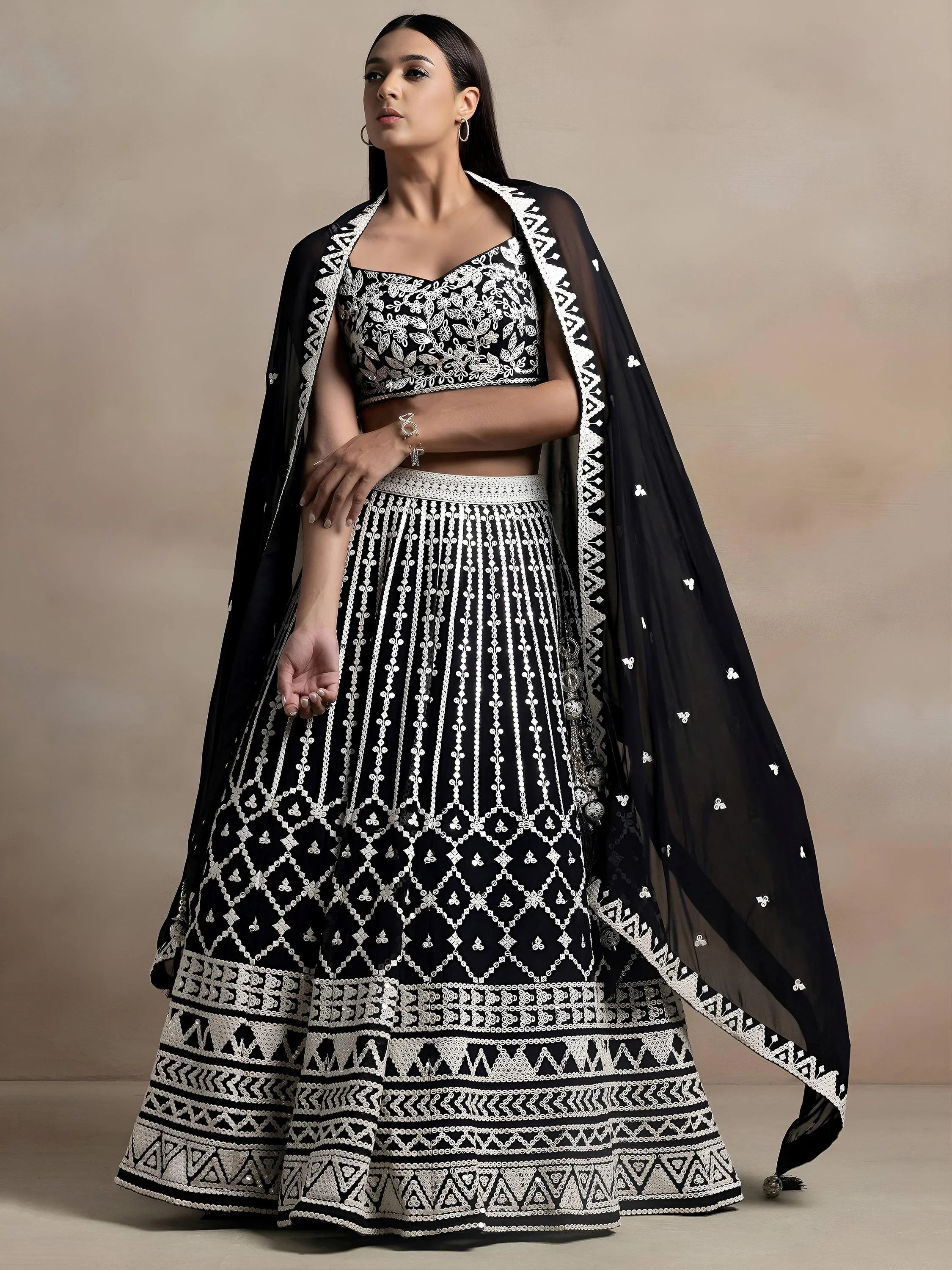 Awesome Black Thread Work Georgette Reception Wear Lehenga Choli