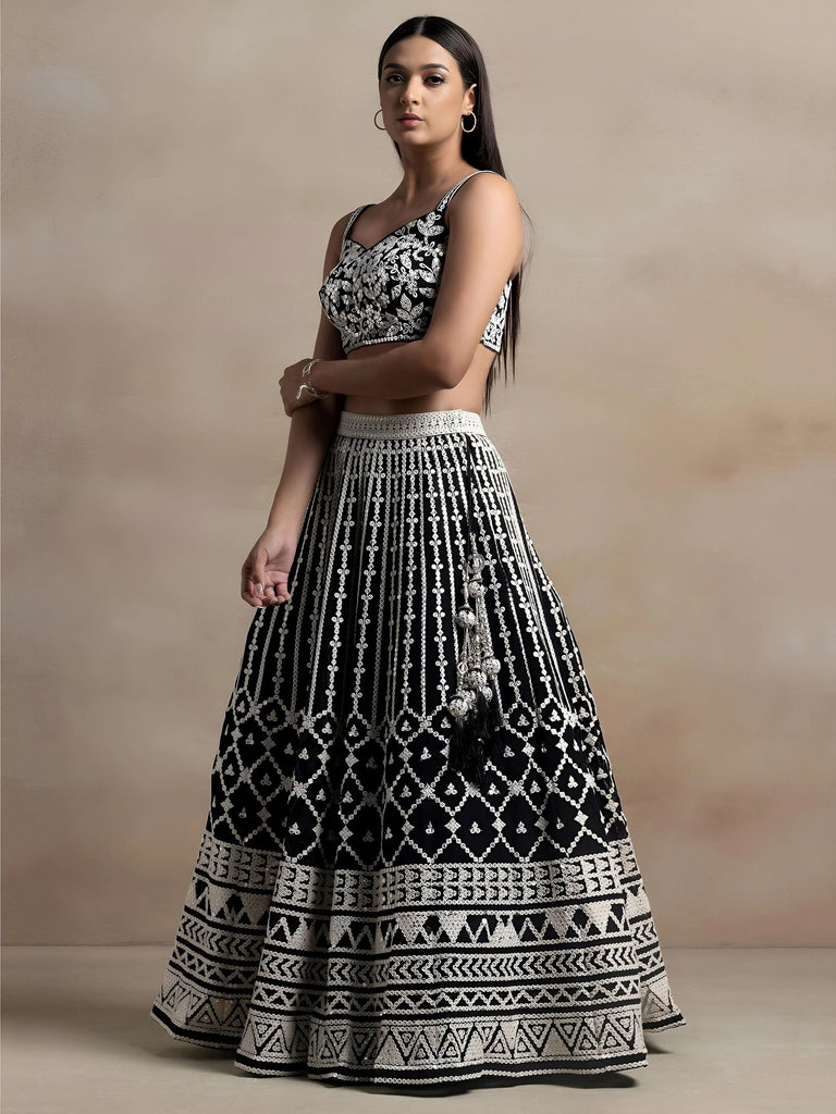 Awesome Black Thread Work Georgette Reception Wear Lehenga Choli