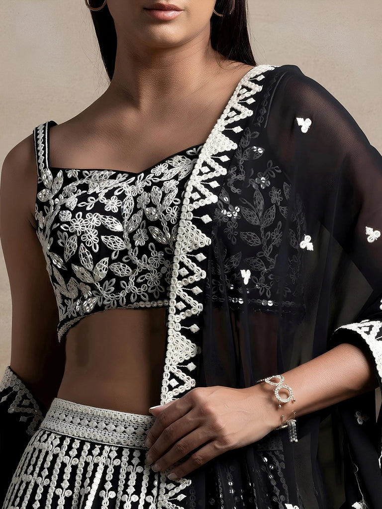 Awesome Black Thread Work Georgette Reception Wear Lehenga Choli