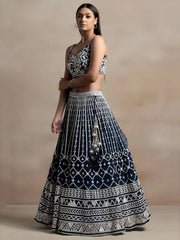 Great Navy Blue Thread Embroidered Georgette Wedding Lehenga Choli