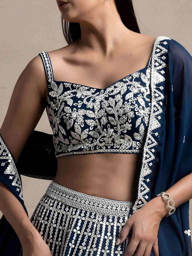 Great Navy Blue Thread Embroidered Georgette Wedding Lehenga Choli
