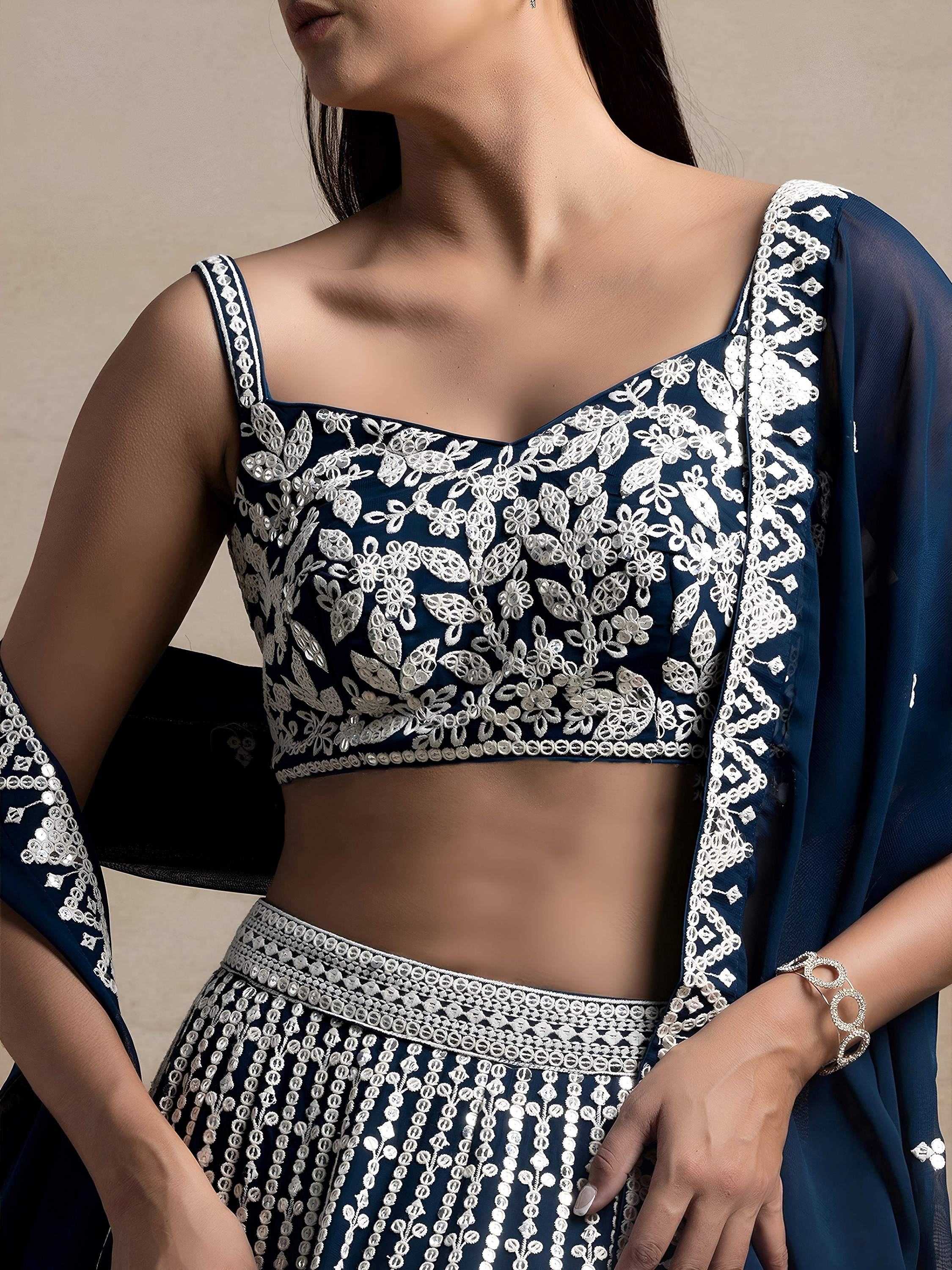 Great Navy Blue Thread Embroidered Georgette Wedding Lehenga Choli