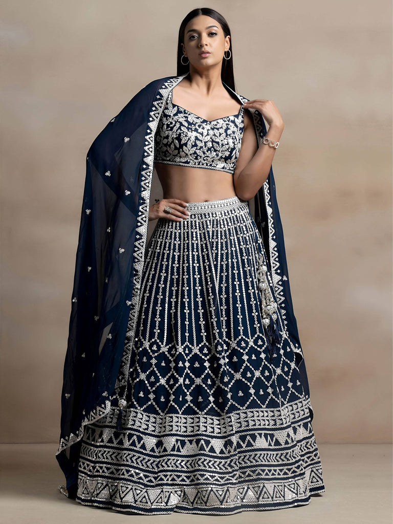 Great Navy Blue Thread Embroidered Georgette Wedding Lehenga Choli
