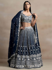 Great Navy Blue Thread Embroidered Georgette Wedding Lehenga Choli