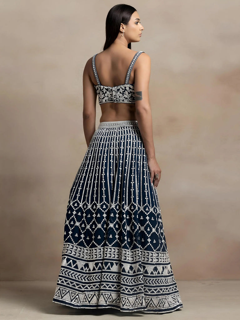 Great Navy Blue Thread Embroidered Georgette Wedding Lehenga Choli