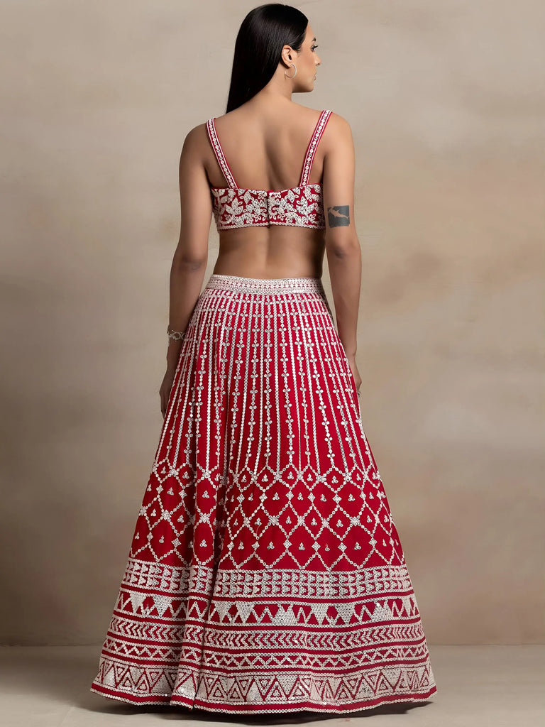 Marvelous Red Thread Work Georgette Sangeet Wear Lehenga Choli