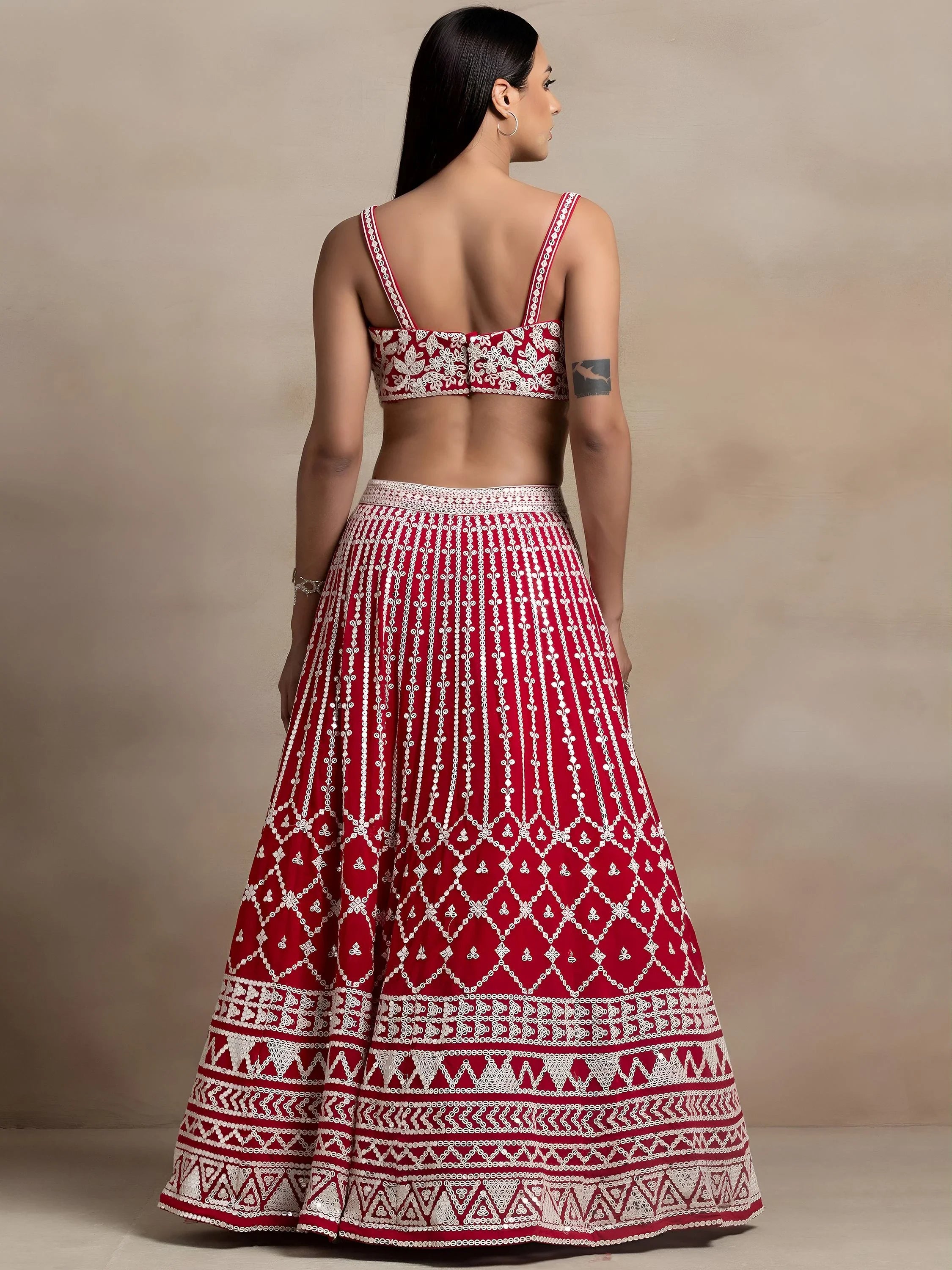 Marvelous Red Thread Work Georgette Sangeet Wear Lehenga Choli