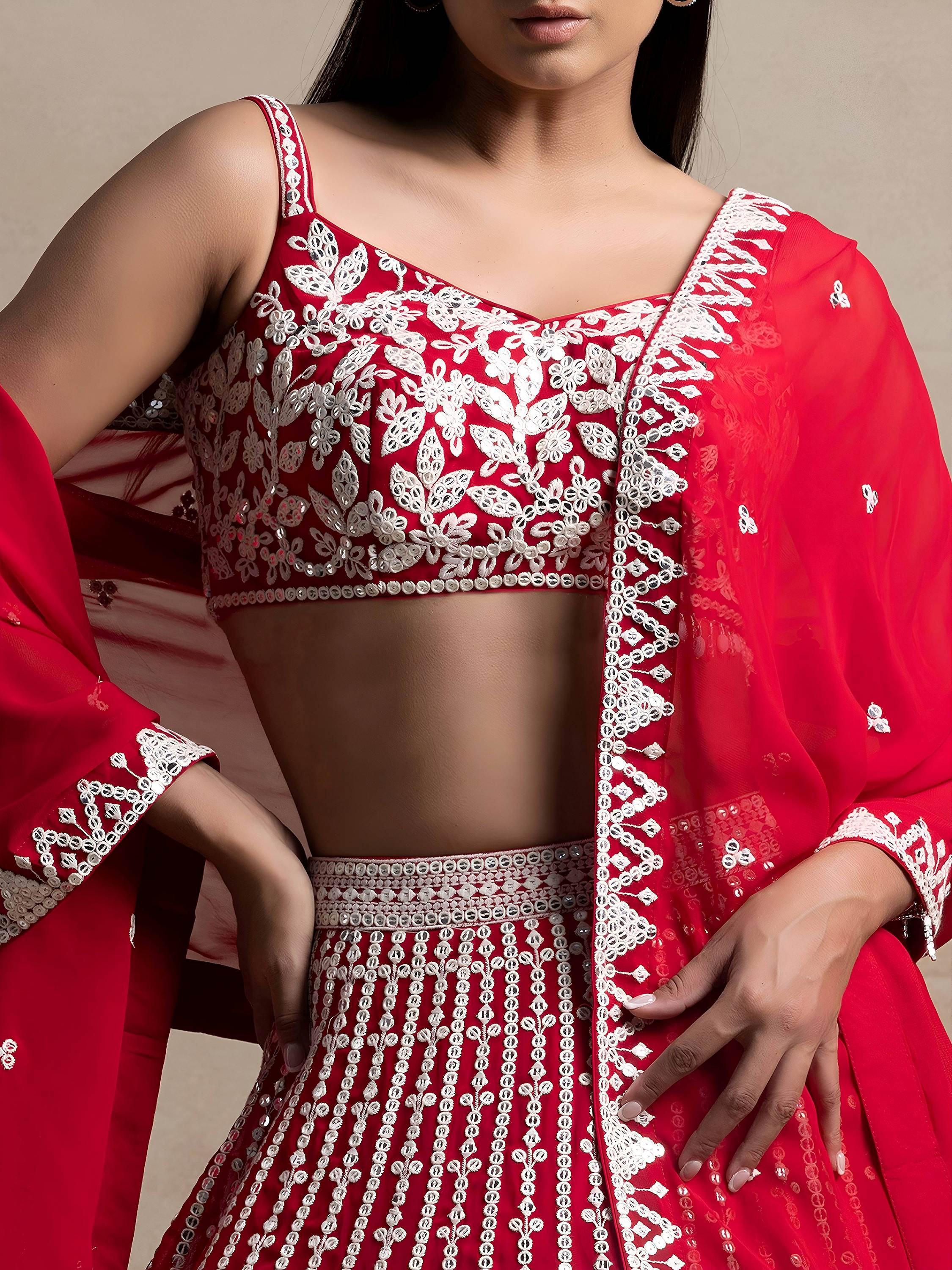Marvelous Red Thread Work Georgette Sangeet Wear Lehenga Choli