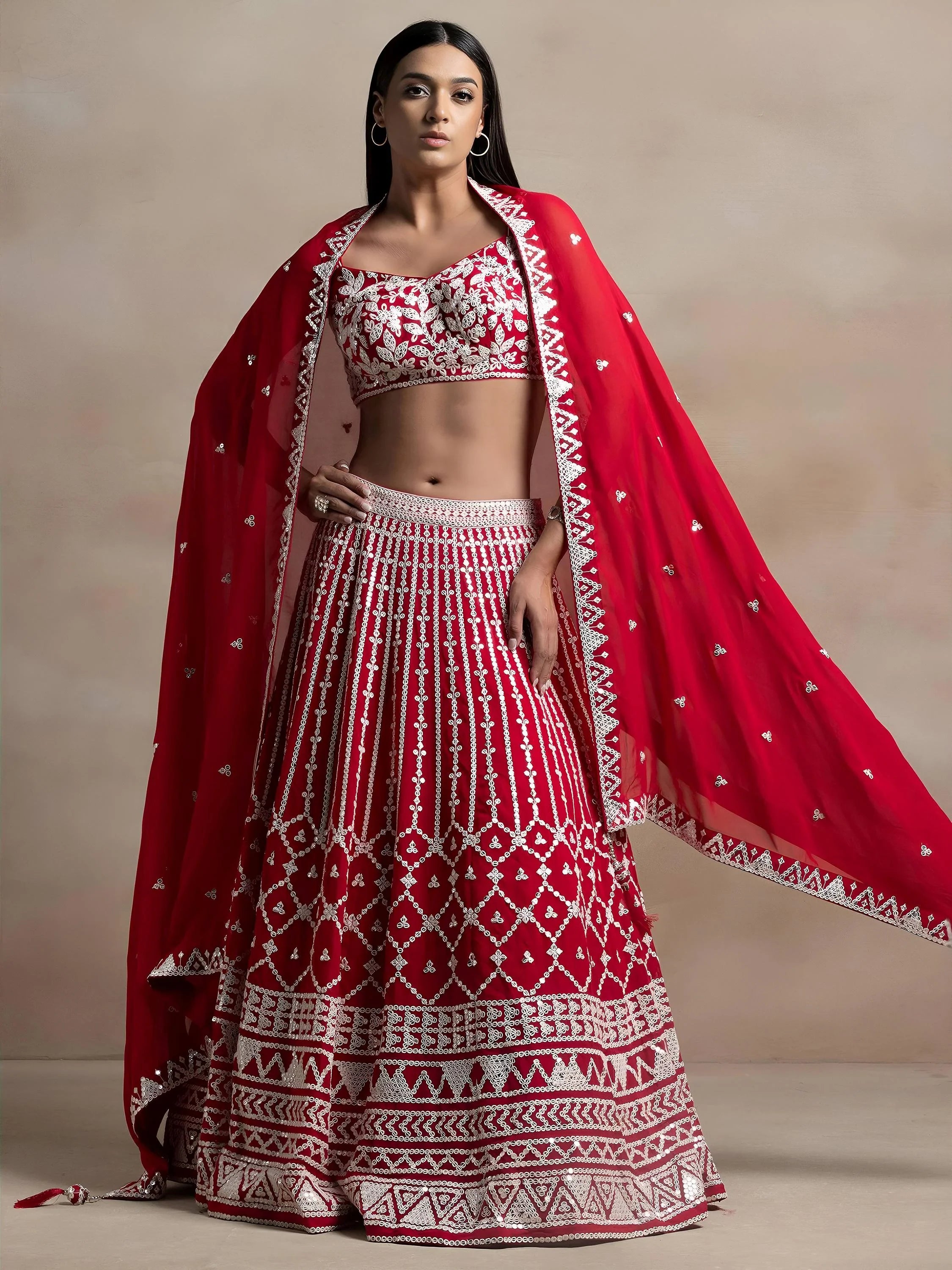 Marvelous Red Thread Work Georgette Sangeet Wear Lehenga Choli