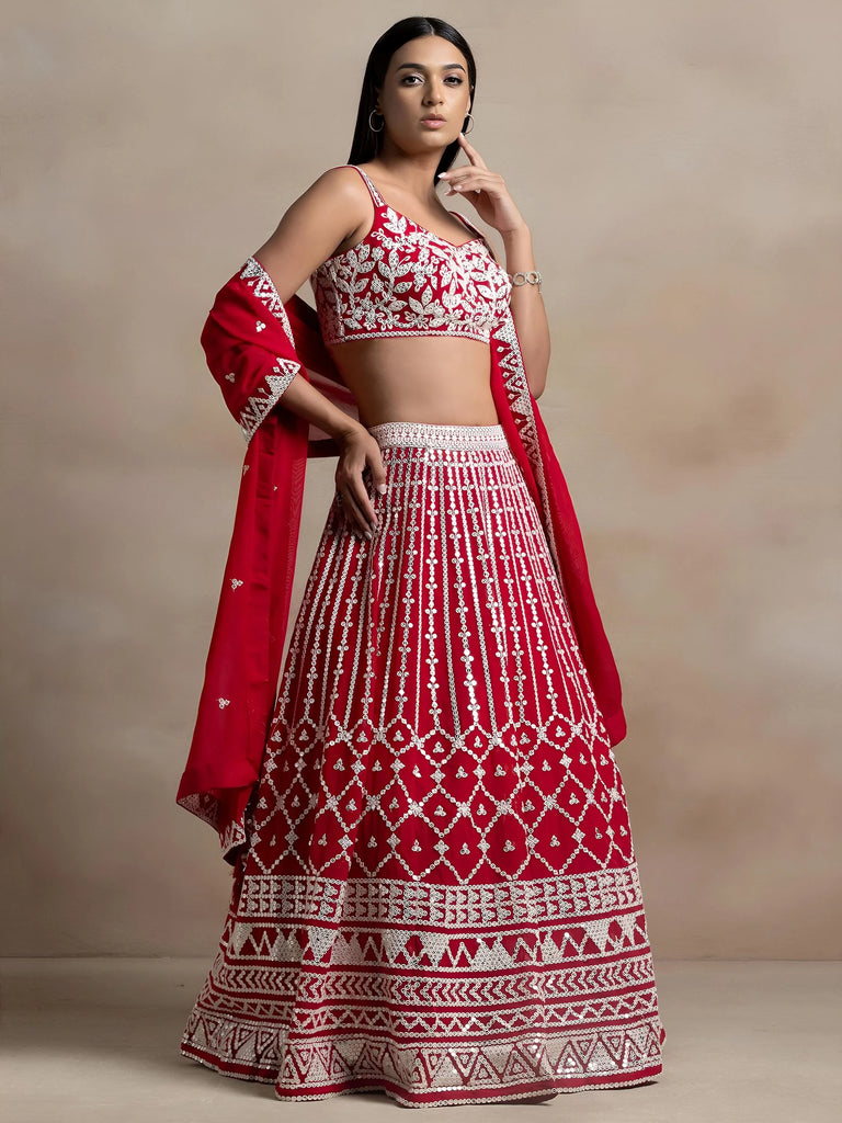 Marvelous Red Thread Work Georgette Sangeet Wear Lehenga Choli
