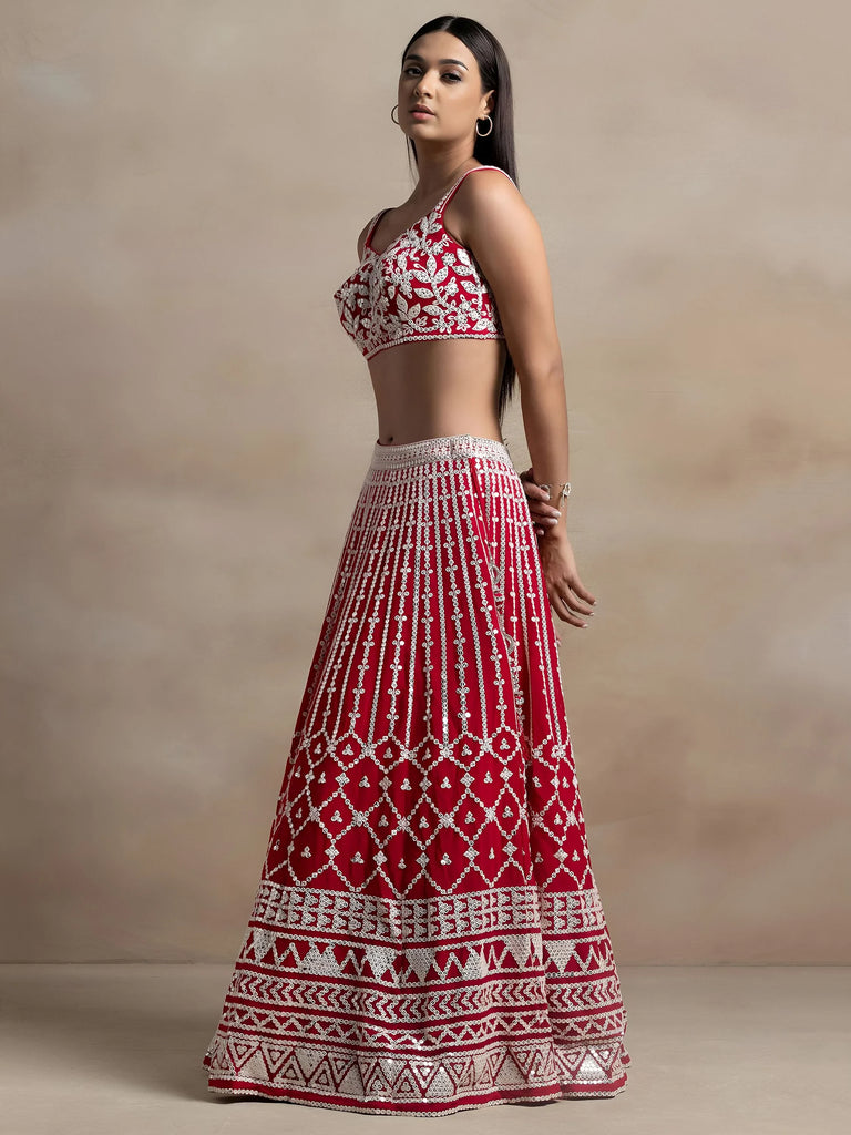 Marvelous Red Thread Work Georgette Sangeet Wear Lehenga Choli