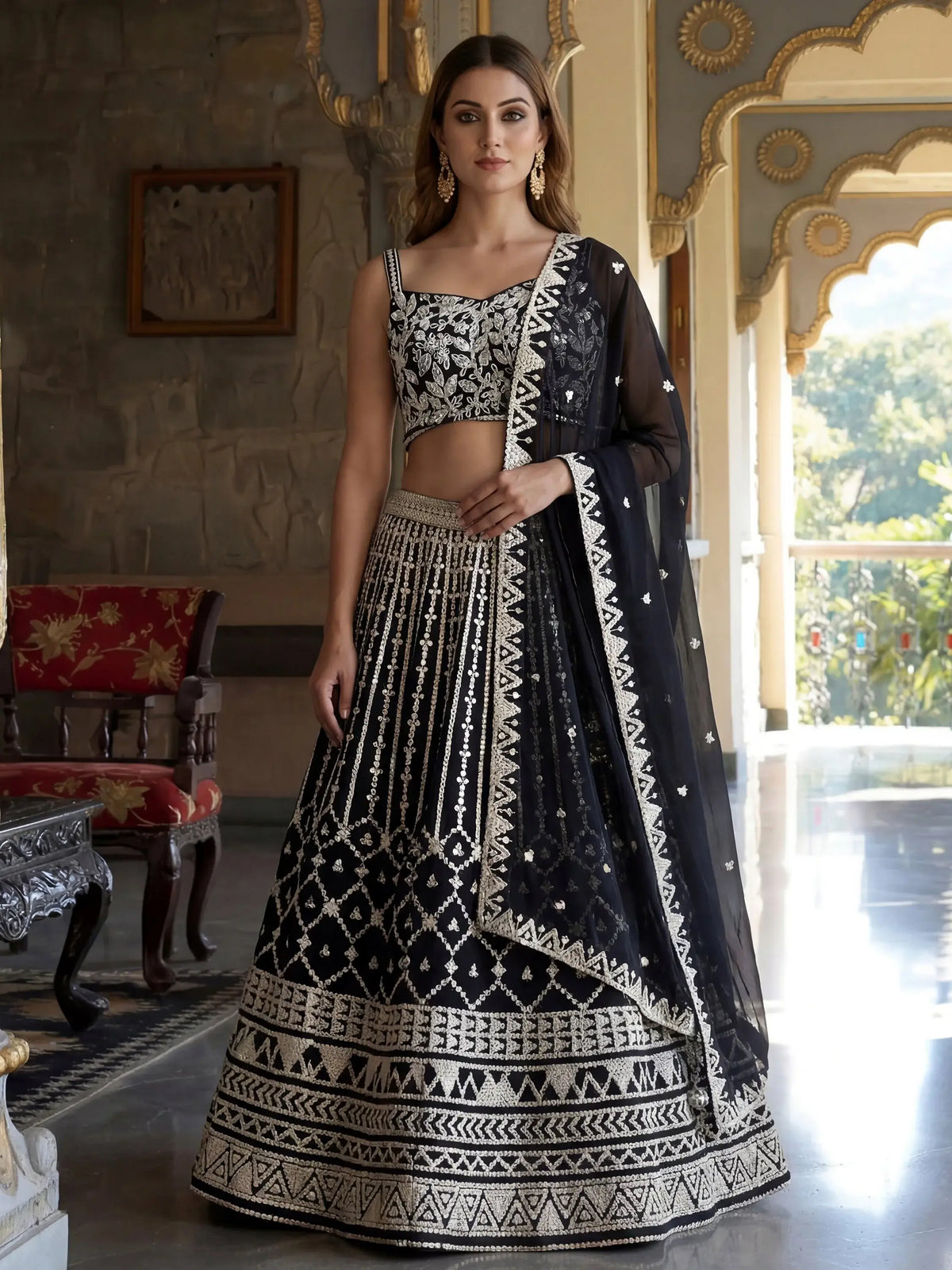 Classic Black Sequins Embroidered Georgette Wedding Wear Lehenga Choli