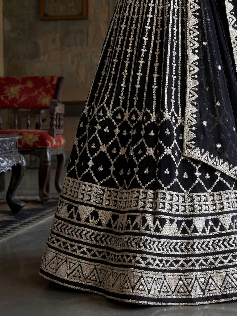 Classic Black Sequins Embroidered Georgette Wedding Wear Lehenga Choli