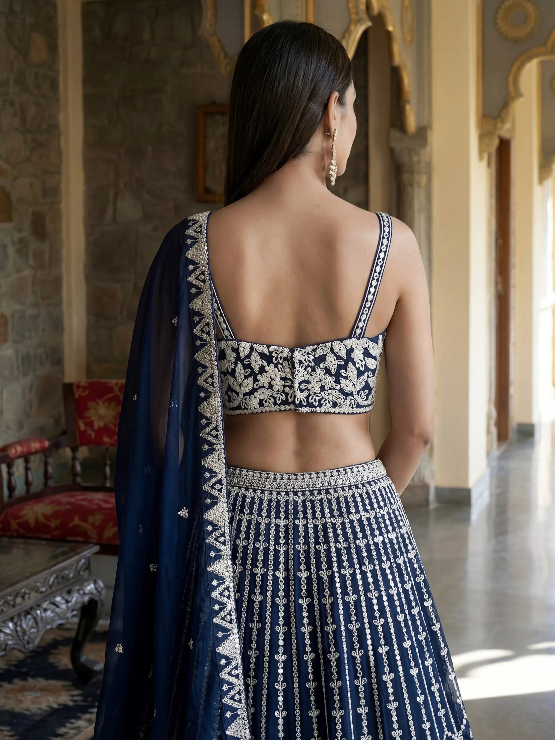 Pretty Blue Sequins Embroidered Georgette Reception Wear Lehenga Choli