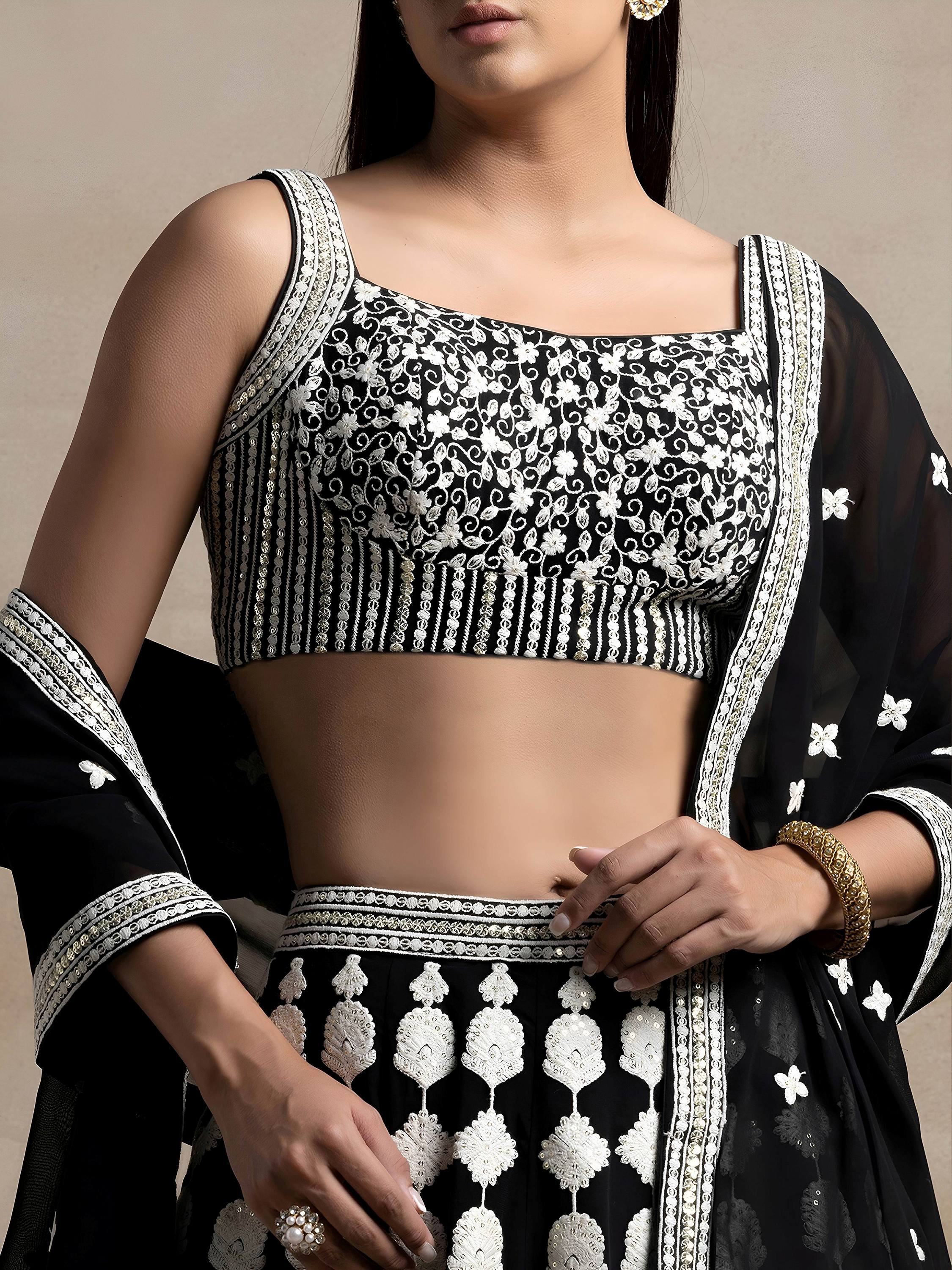 Incredible Black Thread Embroidered Georgette Lehenga Choli