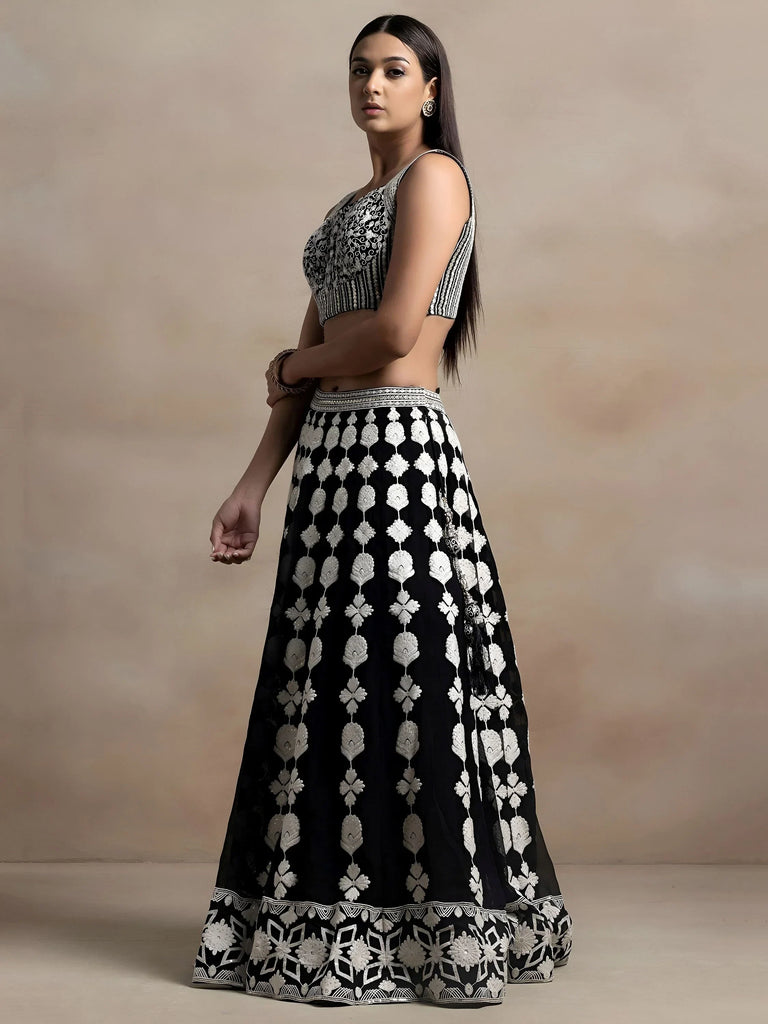 Incredible Black Thread Embroidered Georgette Lehenga Choli