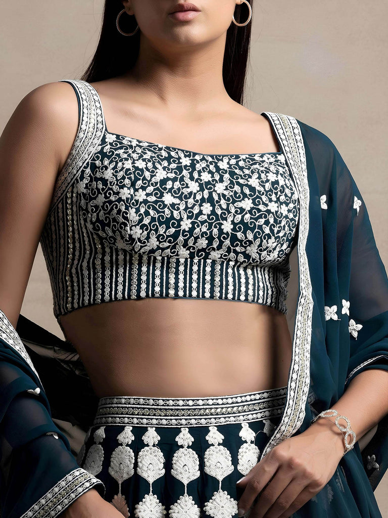 Lovely Dark Green Thread Work Georgette Festival Wear Lehenga Choli