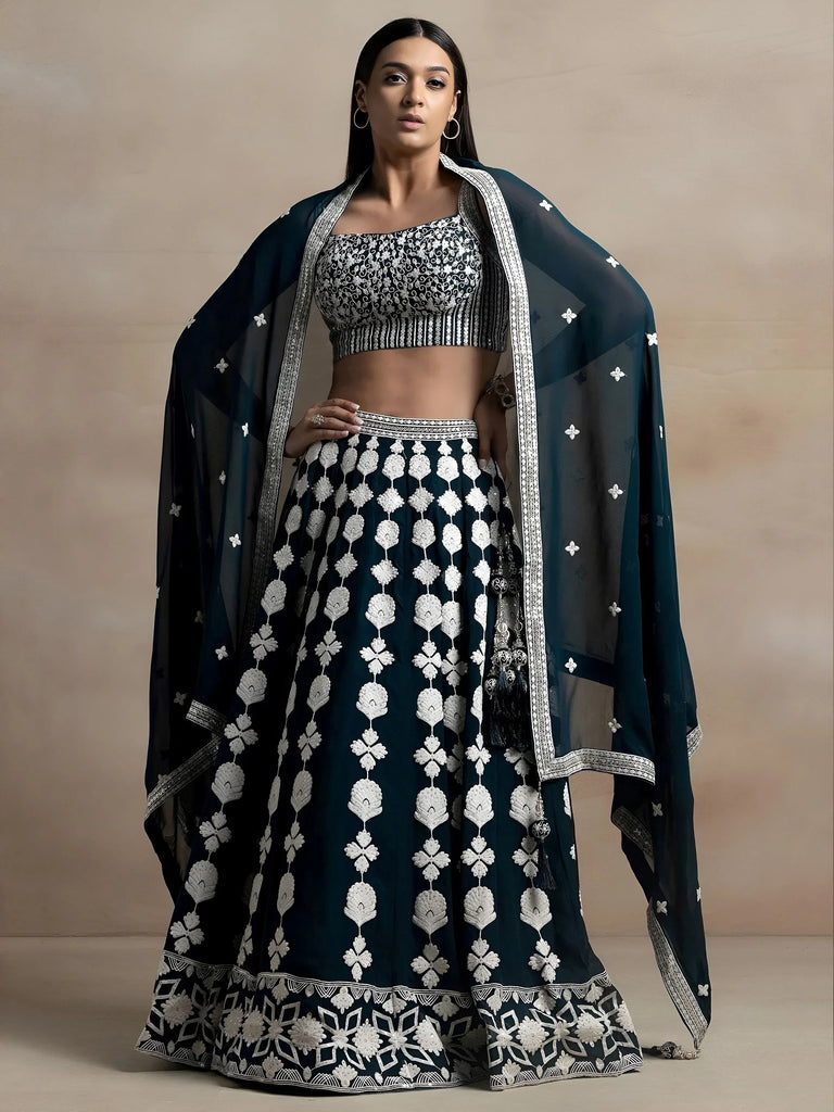 Lovely Dark Green Thread Work Georgette Festival Wear Lehenga Choli
