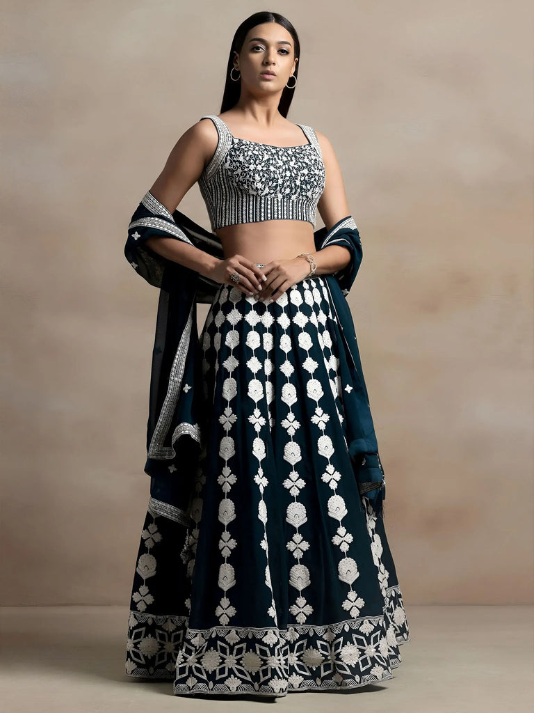 Lovely Dark Green Thread Work Georgette Festival Wear Lehenga Choli