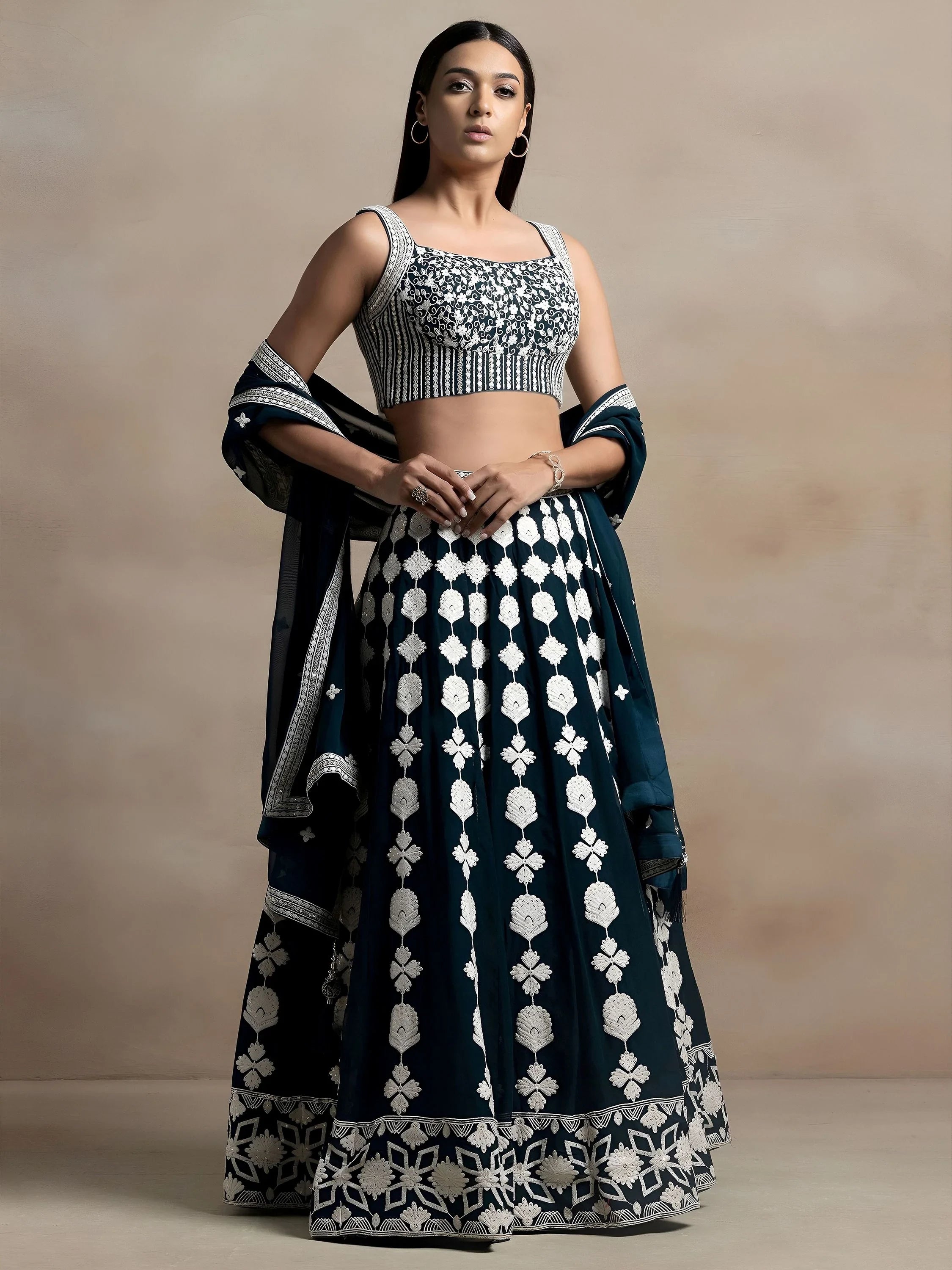Lovely Dark Green Thread Work Georgette Festival Wear Lehenga Choli