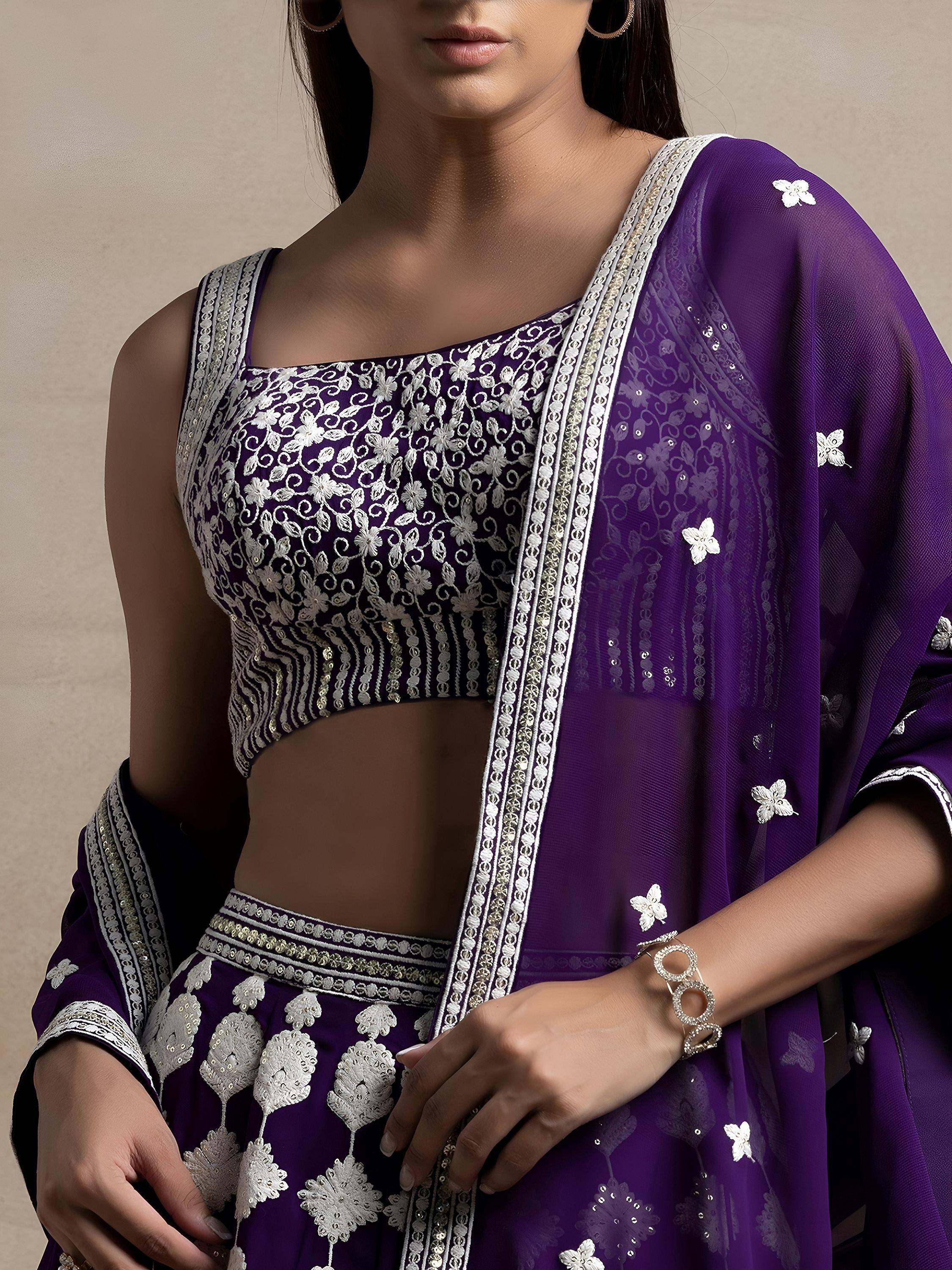 Beautiful Purple Thread Work Georgette Wedding Wear Lehenga Choli