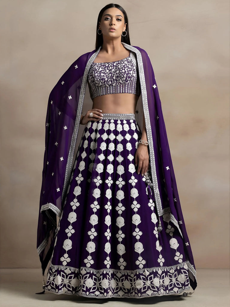 Beautiful Purple Thread Work Georgette Wedding Wear Lehenga Choli