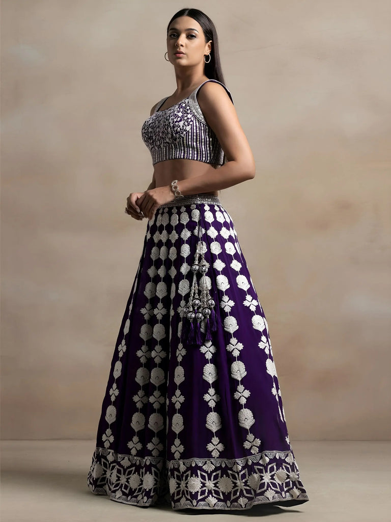 Beautiful Purple Thread Work Georgette Wedding Wear Lehenga Choli