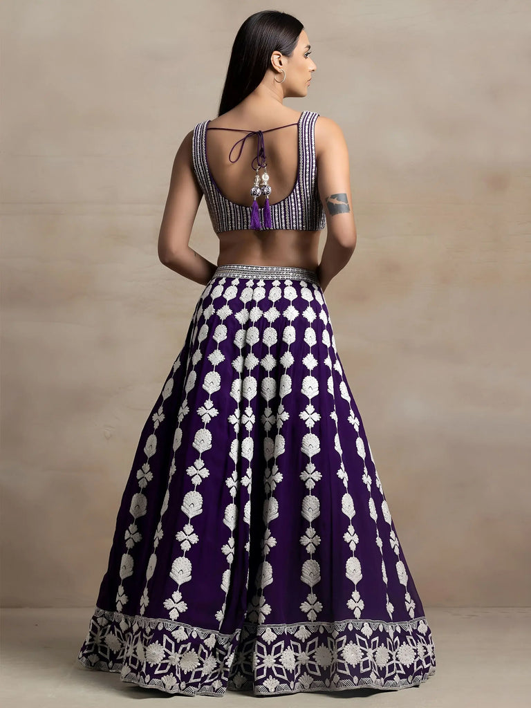 Beautiful Purple Thread Work Georgette Wedding Wear Lehenga Choli