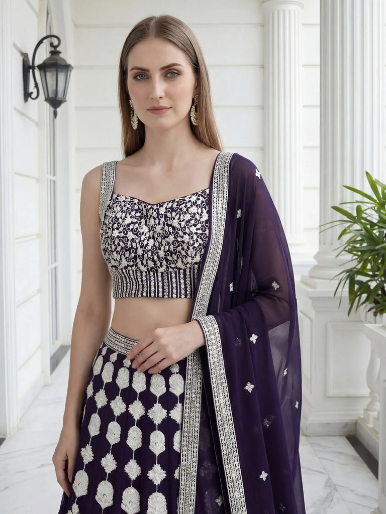 Dazzling Purple Sequins Embroidered Georgette Party Wear Lehenga Choli
